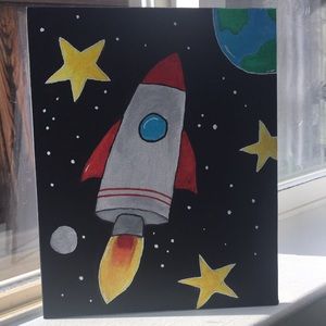 spaceship and stars painting, earth at the corner